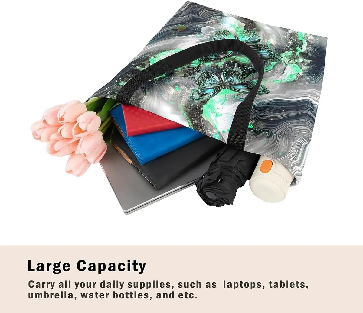 Marble Canvas Tote Bag,Butterfly Duffle Bag,Marbling Abstract Ombre Ink Fluid Art Handbag