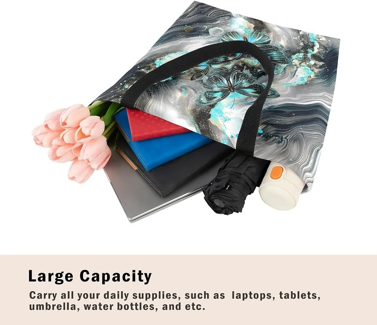 Marble Canvas Tote Bag,Butterfly Duffle Bag,Marbling Abstract Ombre Ink Fluid Art Handbag