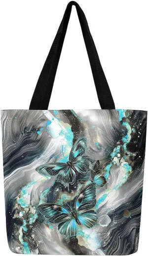 Marble Canvas Tote Bag,Butterfly Duffle Bag,Marbling Abstract Ombre Ink Fluid Art Handbag