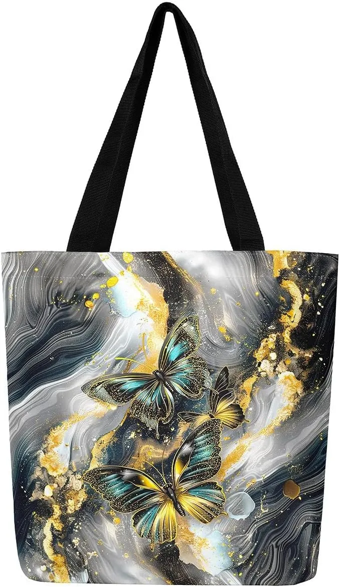Marble Canvas Tote Bag,Butterfly Duffle Bag,Marbling Abstract Ombre Ink Fluid Art Handbag