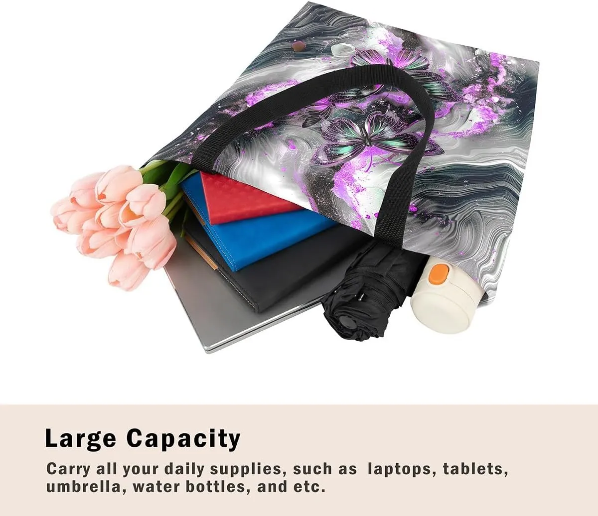 Marble Canvas Tote Bag,Butterfly Duffle Bag,Marbling Abstract Ombre Ink Fluid Art Handbag