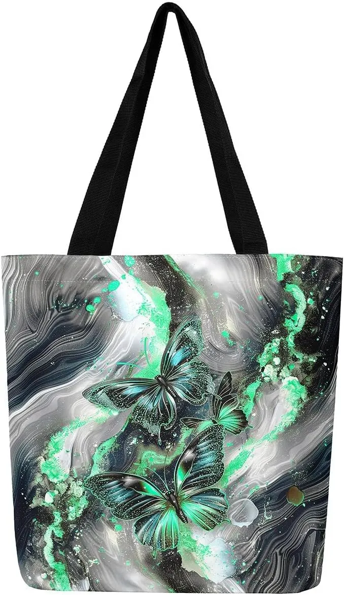Marble Canvas Tote Bag,Butterfly Duffle Bag,Marbling Abstract Ombre Ink Fluid Art Handbag