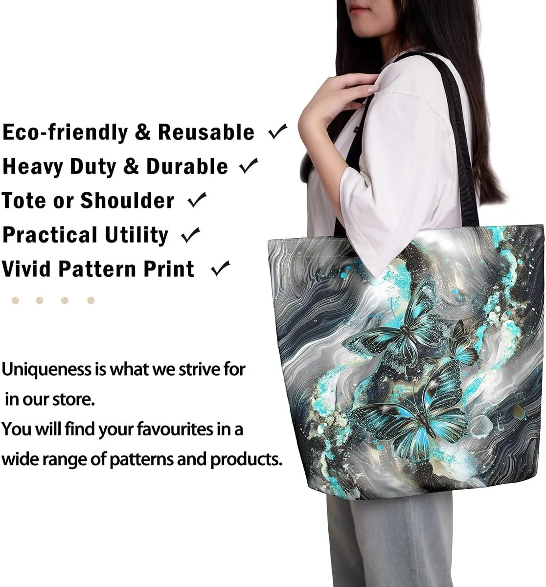 Marble Canvas Tote Bag,Butterfly Duffle Bag,Marbling Abstract Ombre Ink Fluid Art Handbag