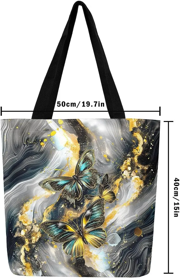 Marble Canvas Tote Bag,Butterfly Duffle Bag,Marbling Abstract Ombre Ink Fluid Art Handbag