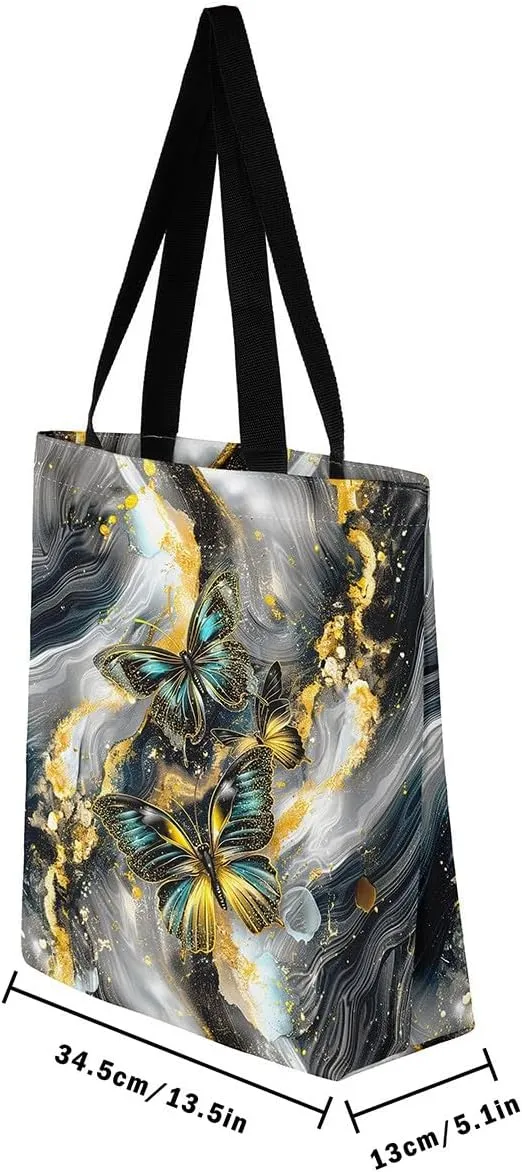 Marble Canvas Tote Bag,Butterfly Duffle Bag,Marbling Abstract Ombre Ink Fluid Art Handbag