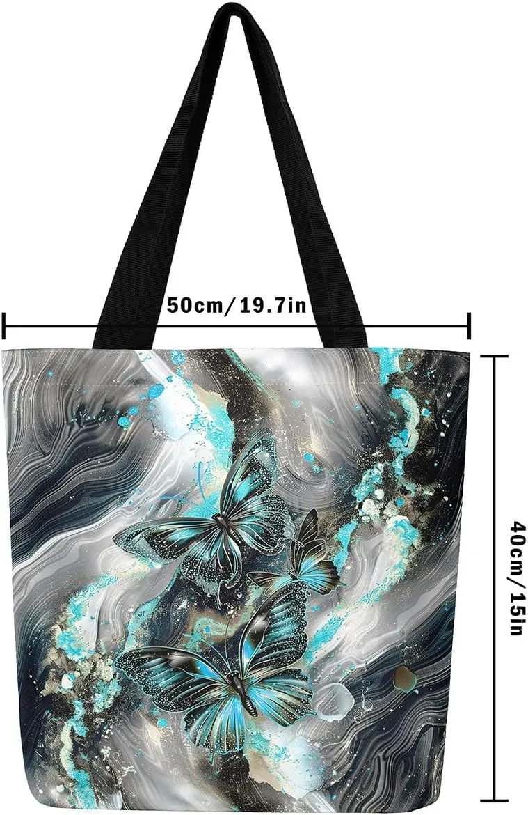 Marble Canvas Tote Bag,Butterfly Duffle Bag,Marbling Abstract Ombre Ink Fluid Art Handbag