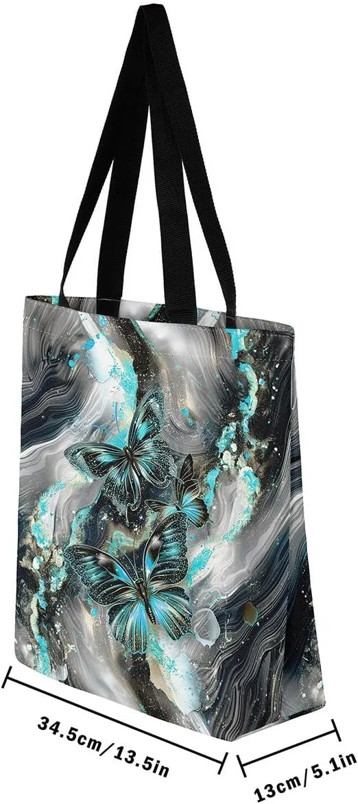 Marble Canvas Tote Bag,Butterfly Duffle Bag,Marbling Abstract Ombre Ink Fluid Art Handbag