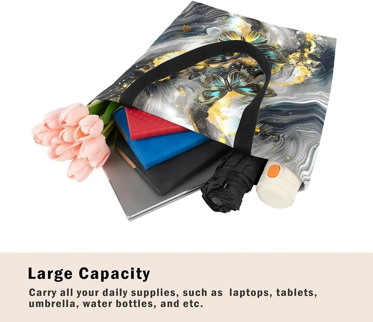 Marble Canvas Tote Bag,Butterfly Duffle Bag,Marbling Abstract Ombre Ink Fluid Art Handbag
