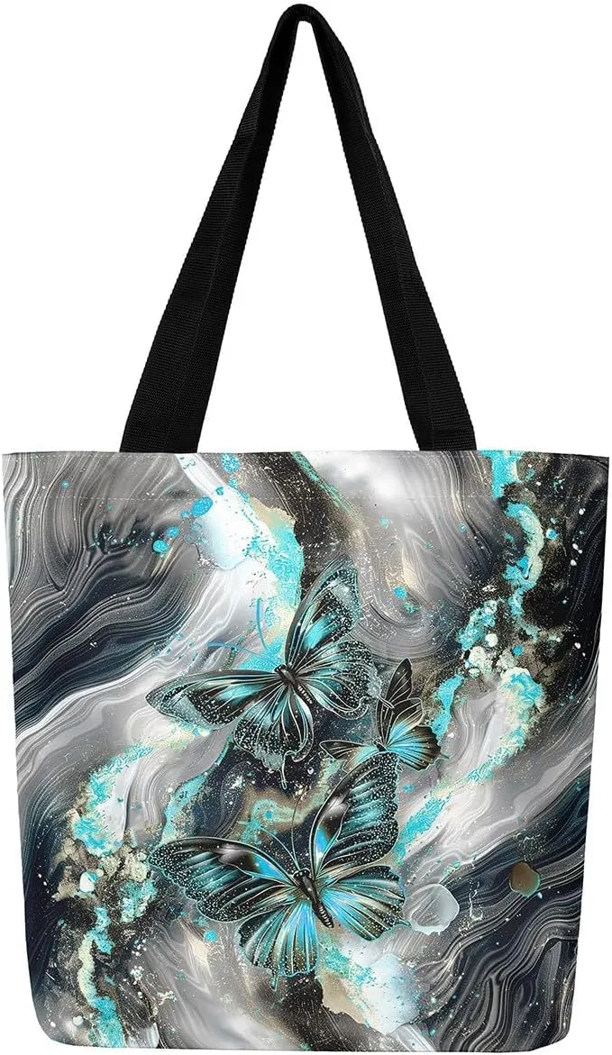 Marble Canvas Tote Bag,Butterfly Duffle Bag,Marbling Abstract Ombre Ink Fluid Art Handbag