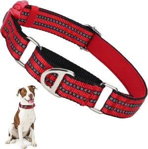 Martingale Collar for Dogs - Reflective Nylon with Padded Comfort & Quick Release Buckle - No Slip Choke Heavy Duty Collar for Safe Training, Walking & Nighttime Use Red L