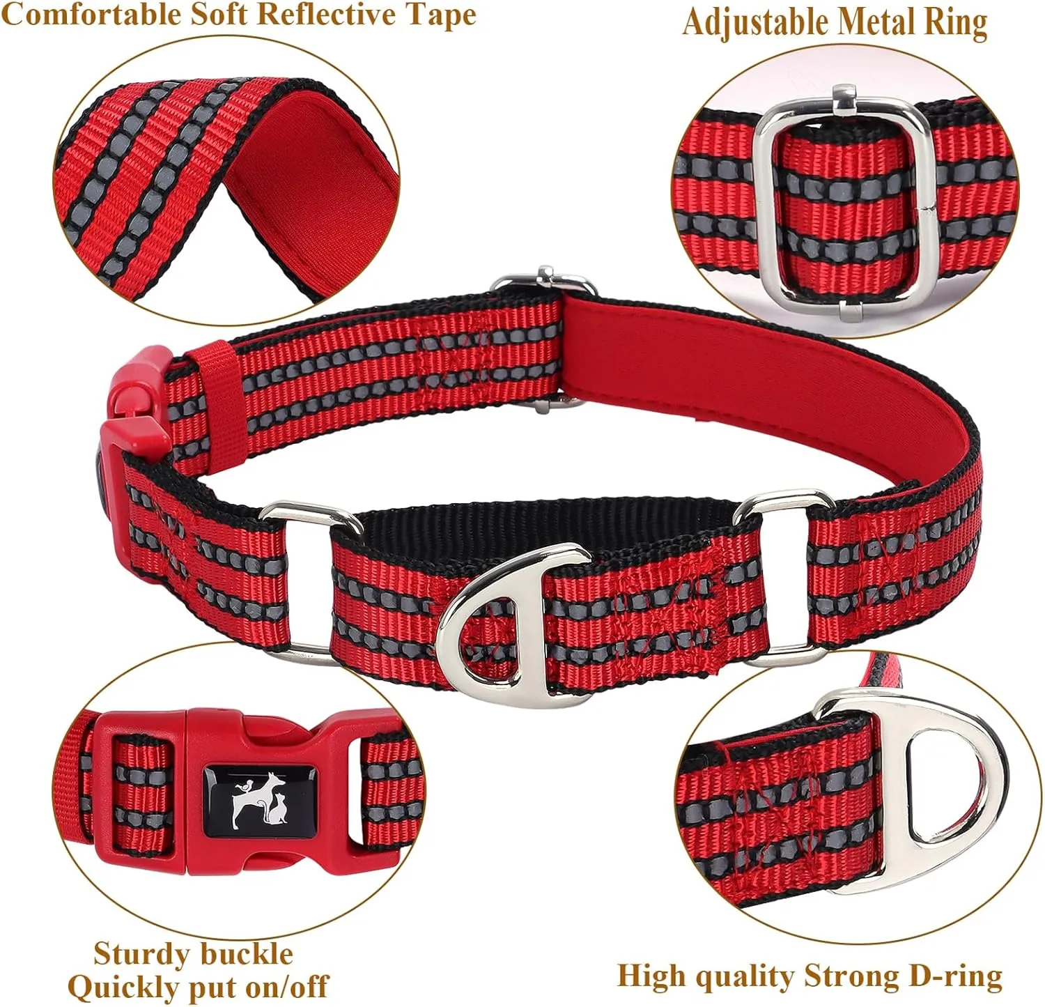 Martingale Collar for Dogs - Reflective Nylon with Padded Comfort & Quick Release Buckle - No Slip Choke Heavy Duty Collar for Safe Training, Walking & Nighttime Use Red L