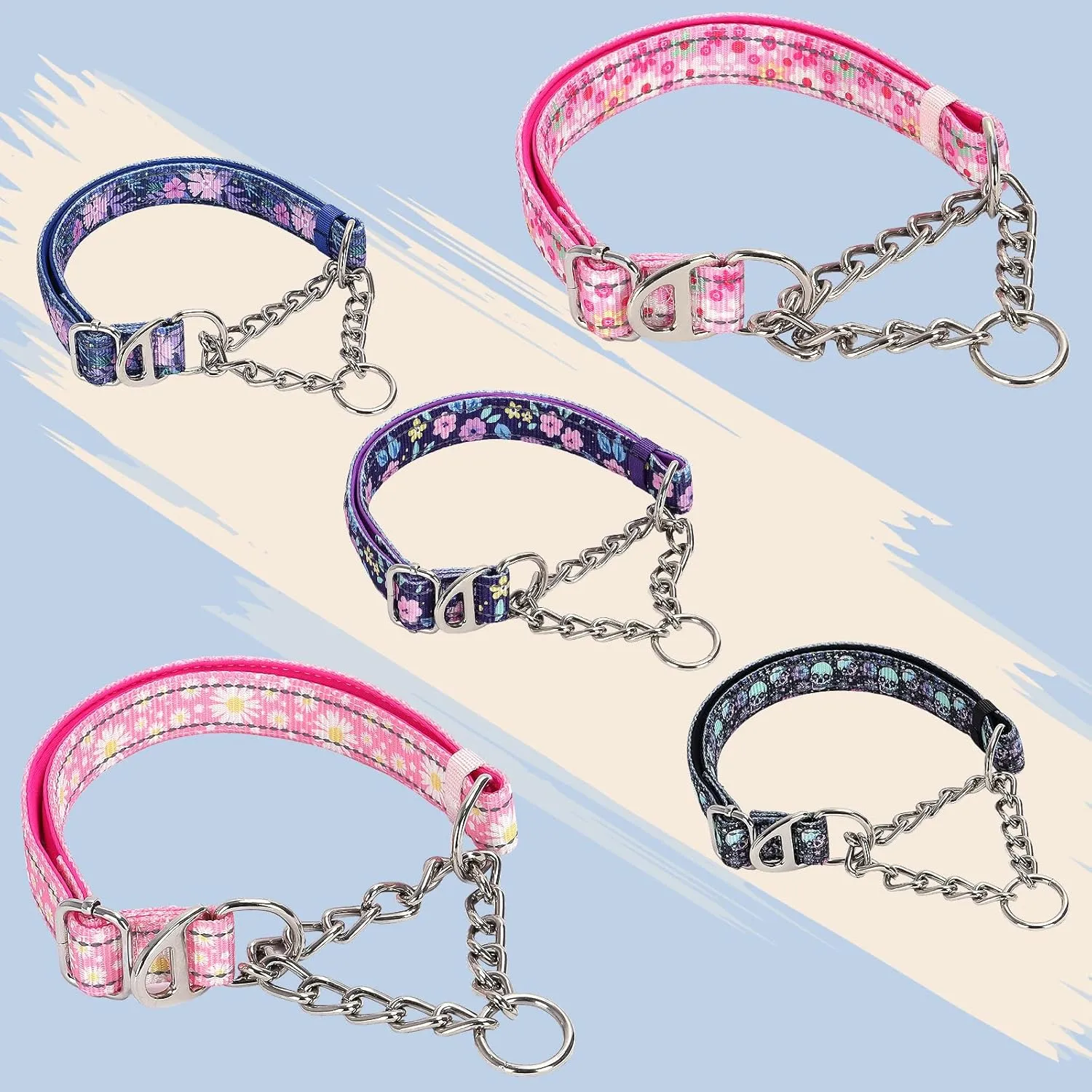 Martingale Collar for Large Dog with Chain，Reflective & Padded Comfortable & Safe No-Pull Dog Collar for Training & Walks（Pink L