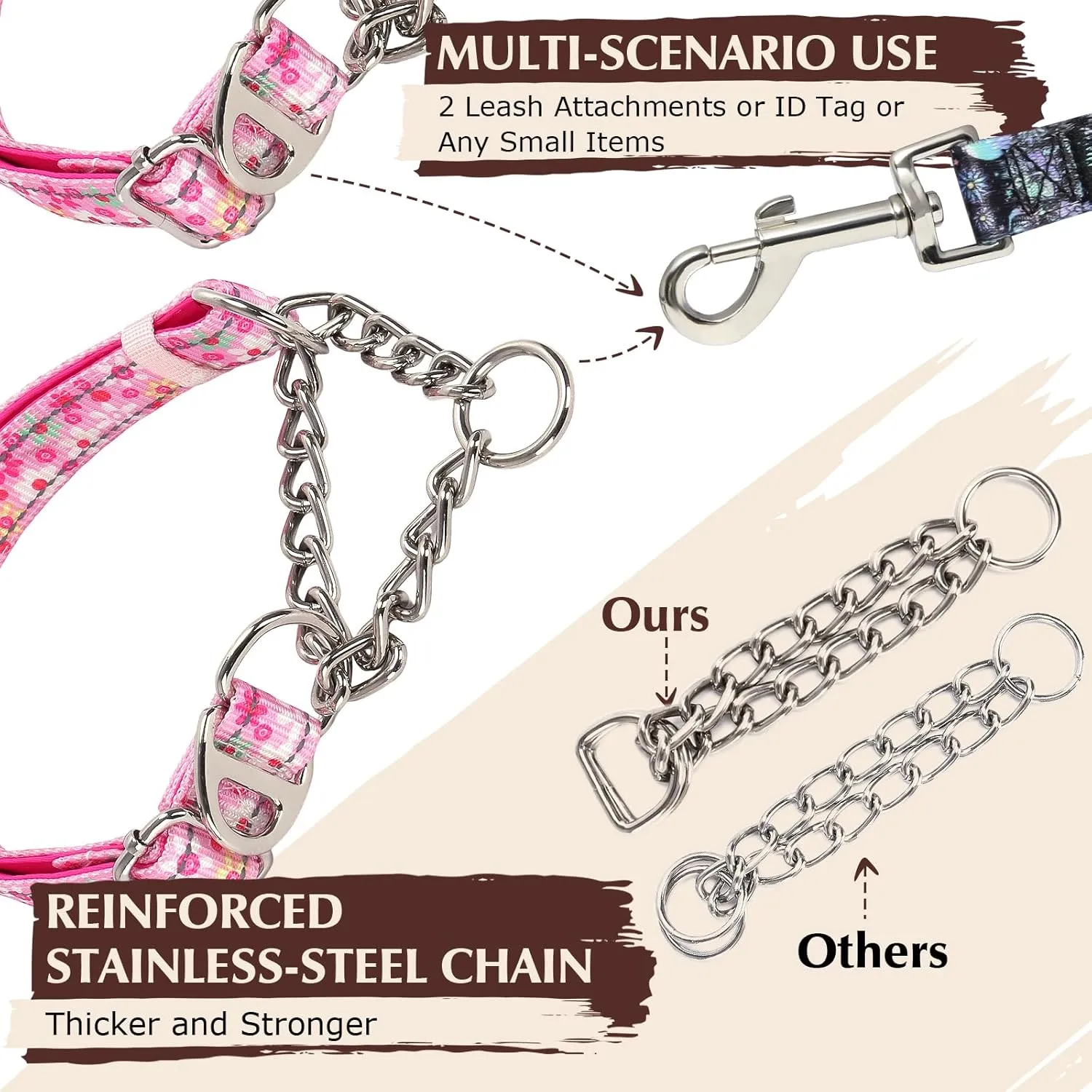 Martingale Collar for Large Dog with Chain，Reflective & Padded Comfortable & Safe No-Pull Dog Collar for Training & Walks（Pink L