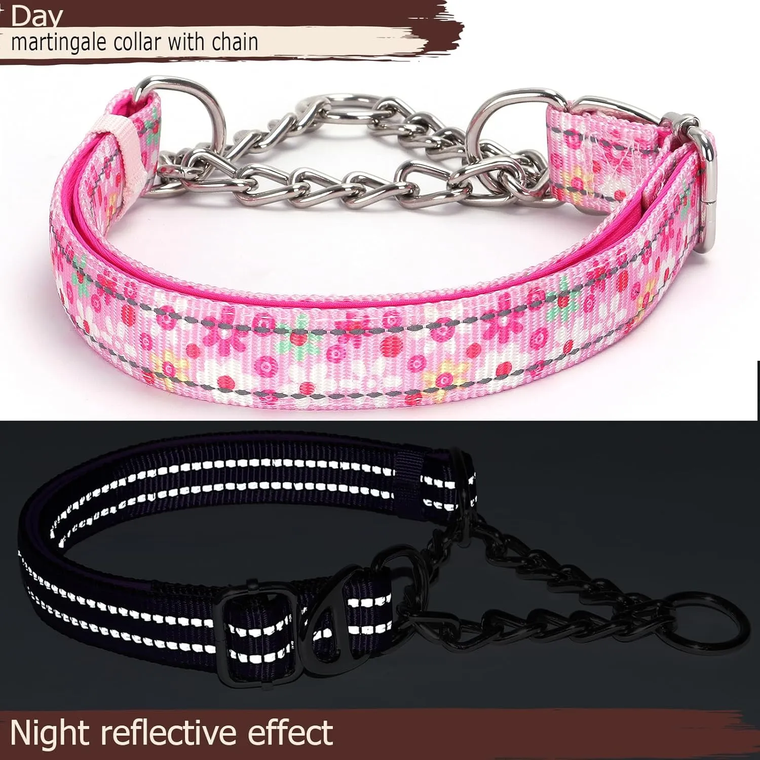 Martingale Collar for Large Dog with Chain，Reflective & Padded Comfortable & Safe No-Pull Dog Collar for Training & Walks（Pink L