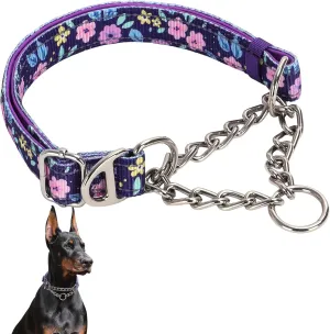 Martingale Dog Collar with Steel Chain, Adjustable Reflective Nylon & Soft Padded - for Medium, Large, XL, XXL Dogs for Training,Walking Pet Collar (Purple Flowers M)