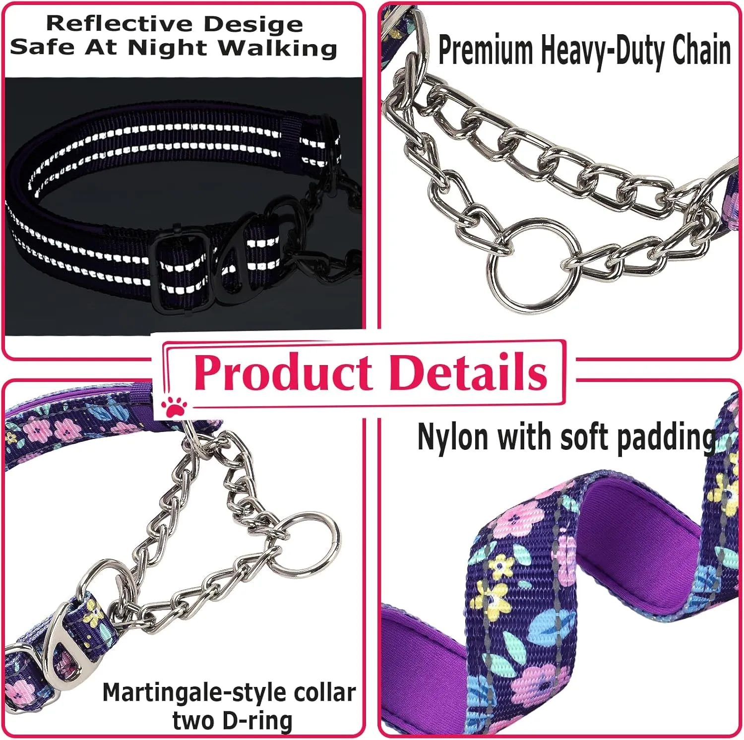 Martingale Dog Collar with Steel Chain, Adjustable Reflective Nylon & Soft Padded - for Medium, Large, XL, XXL Dogs for Training,Walking Pet Collar (Purple Flowers M)