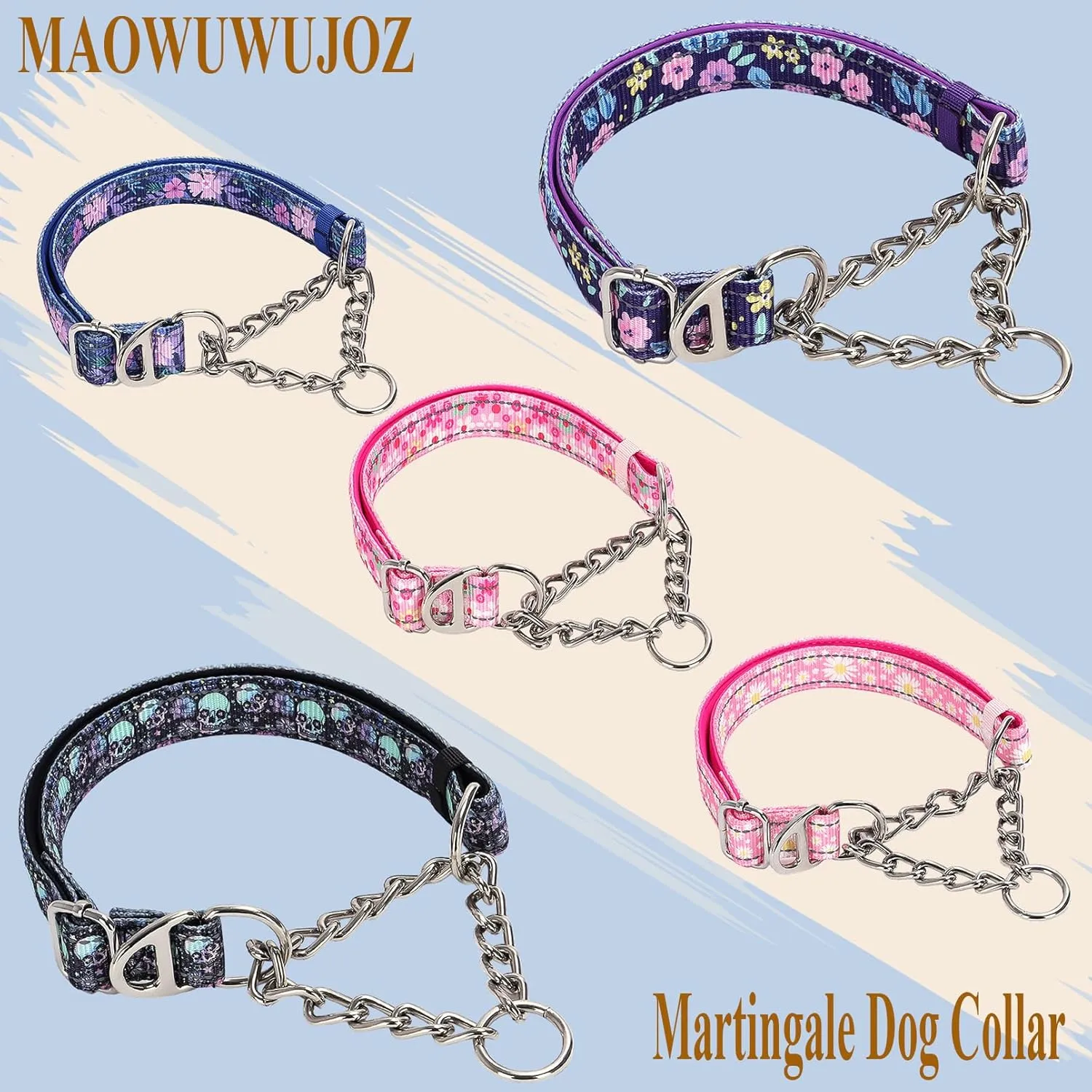 Martingale Dog Collar with Steel Chain, Adjustable Reflective Nylon & Soft Padded - for Medium, Large, XL, XXL Dogs for Training,Walking Pet Collar (Purple Flowers M)