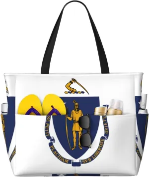 Massachusetts State Flag Print Large Capacity Beach Travel Bag with Zipper and Pockets for Camping Travel Gym
