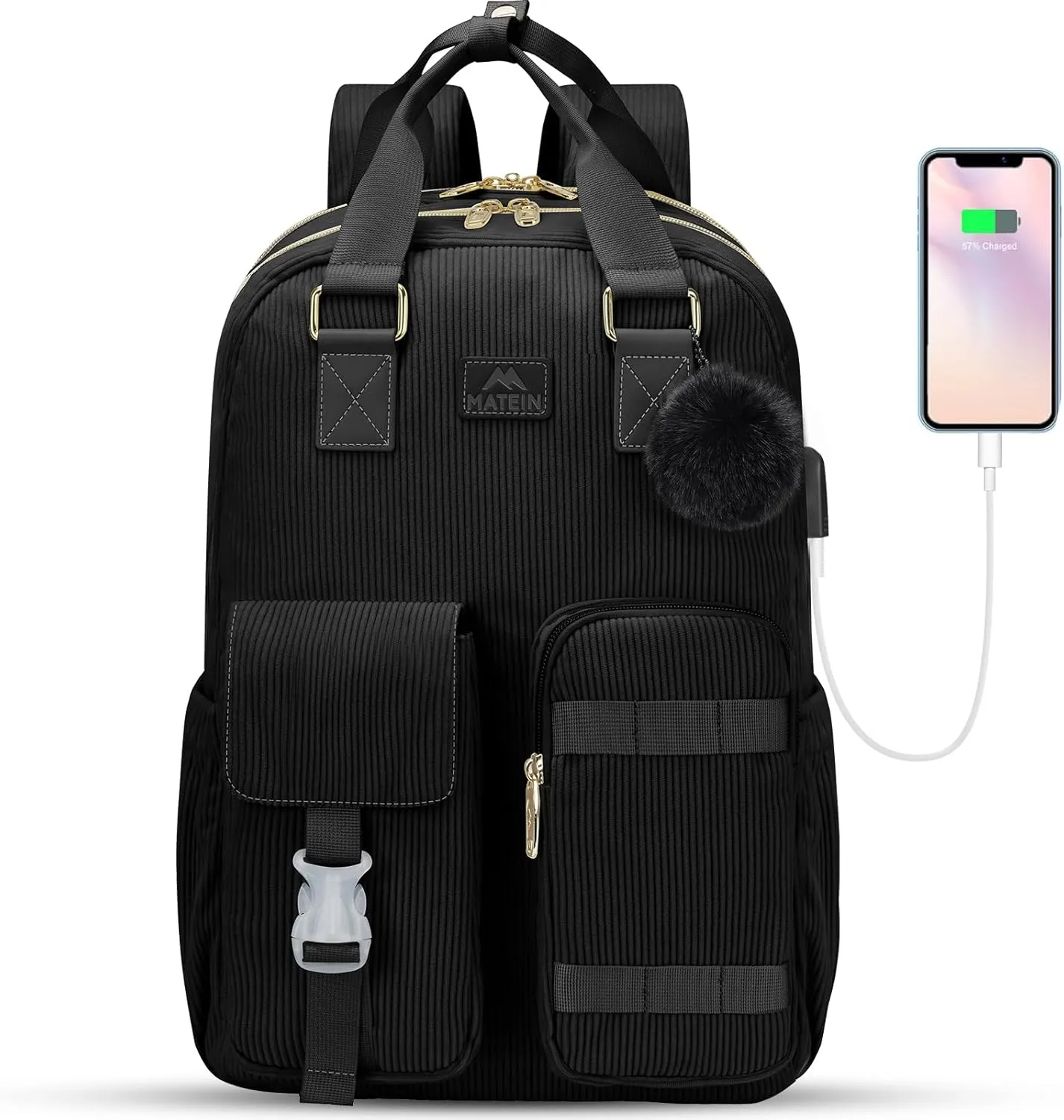 MATEIN Cute Laptop Backpack for Women, 15.6 Inch Corduroy Computer College Backpack with USB Charging Port, TSA Lightweight Aesthetic Back Pack Travel Laptop Daypack for Work Nurse Teacher Gift, Black