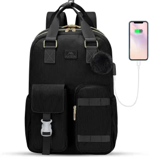 MATEIN Cute Laptop Backpack for Women, 15.6 Inch Corduroy Computer College Backpack with USB Charging Port, TSA Lightweight Aesthetic Back Pack Travel Laptop Daypack for Work Nurse Teacher Gift, Black