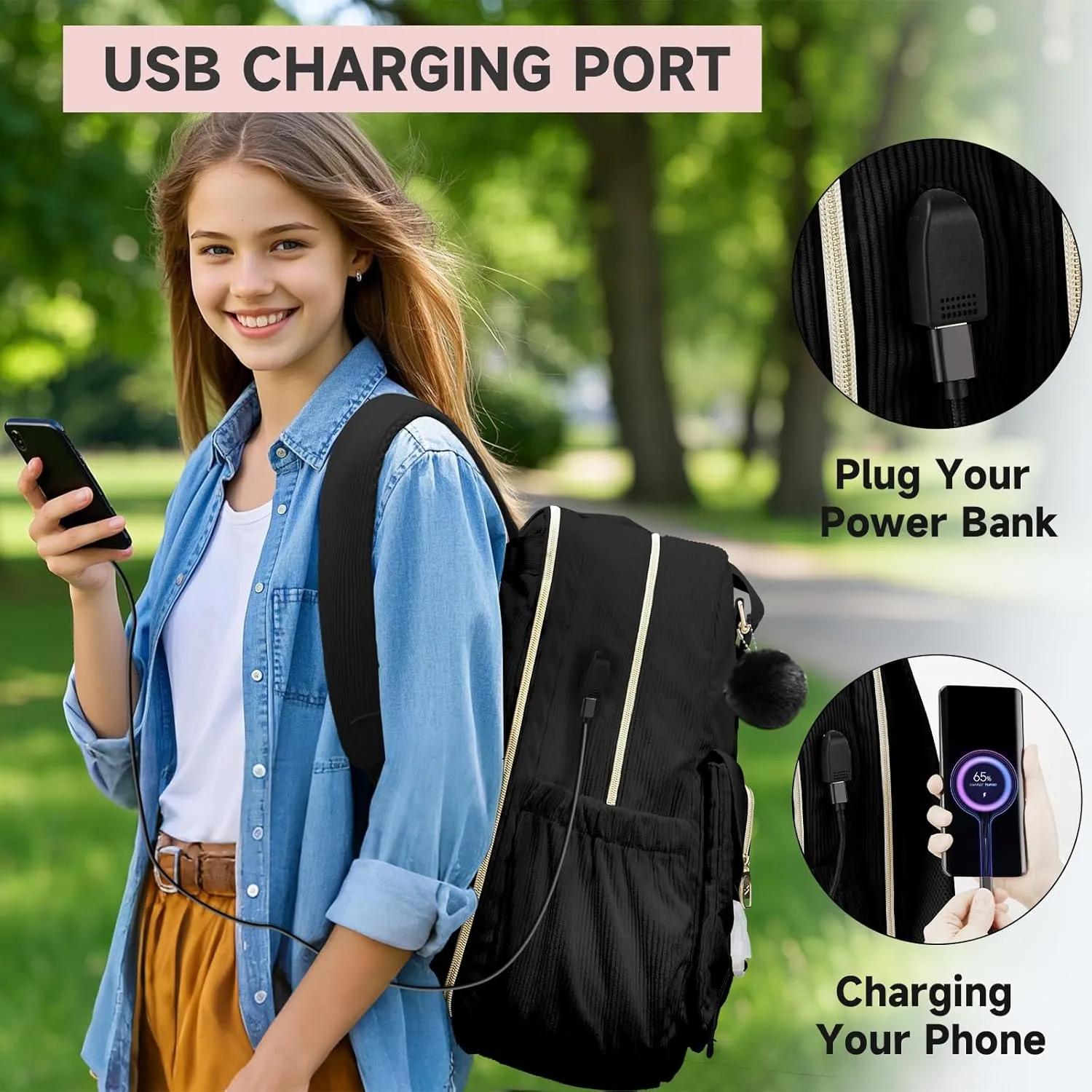 MATEIN Cute Laptop Backpack for Women, 15.6 Inch Corduroy Computer College Backpack with USB Charging Port, TSA Lightweight Aesthetic Back Pack Travel Laptop Daypack for Work Nurse Teacher Gift, Black