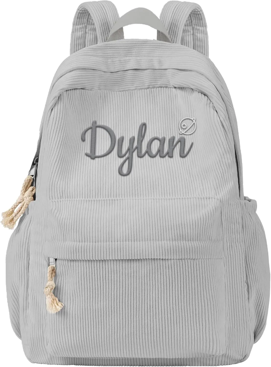 MATONGO Personalized Corduroy Backpack for Women with Embroidery Name, Custom Casual Backpack for School Travel Work, ​Laptop Backpack, Back to School Gifts, Grey Schoolbag for Boys Girls Kids