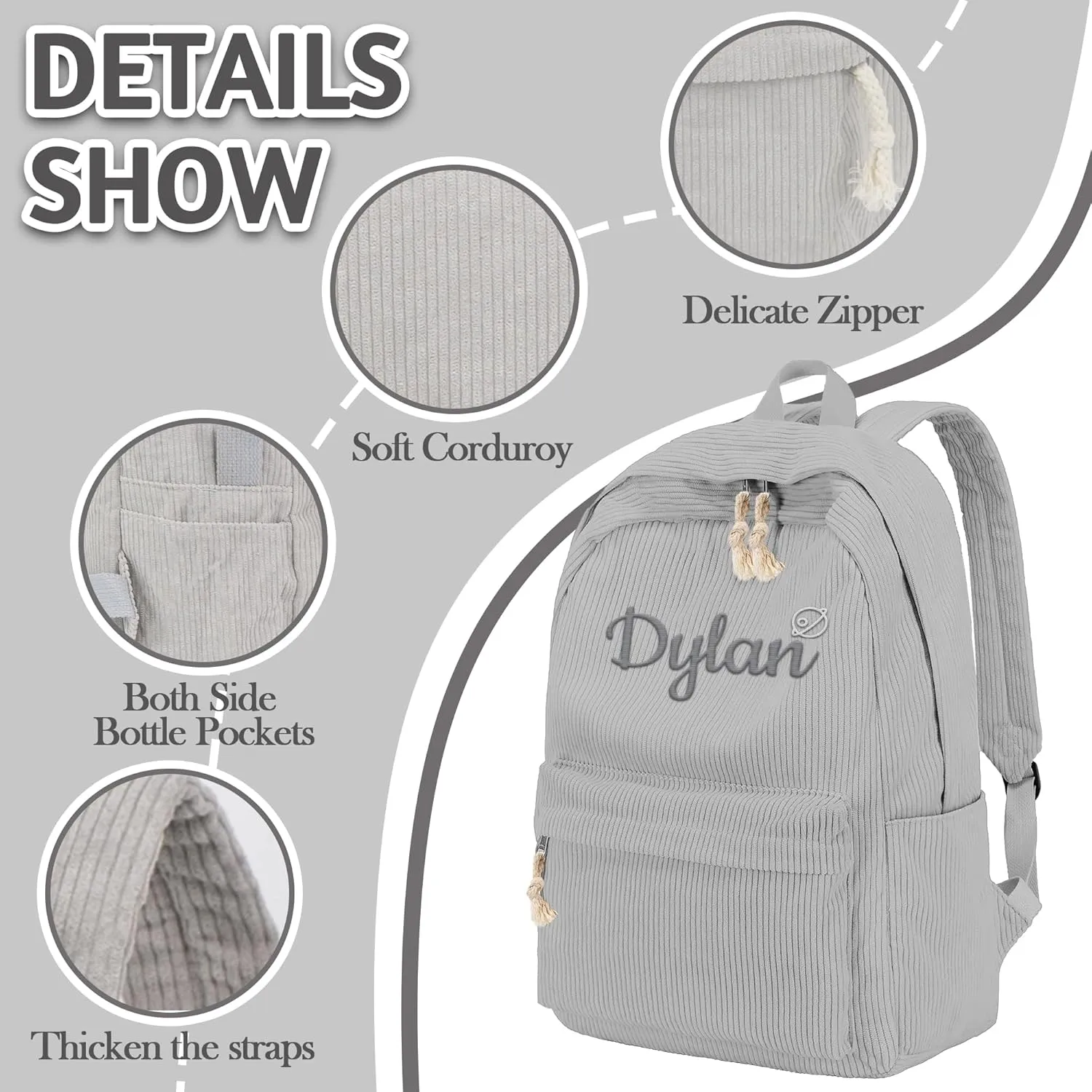 MATONGO Personalized Corduroy Backpack for Women with Embroidery Name, Custom Casual Backpack for School Travel Work, ​Laptop Backpack, Back to School Gifts, Grey Schoolbag for Boys Girls Kids