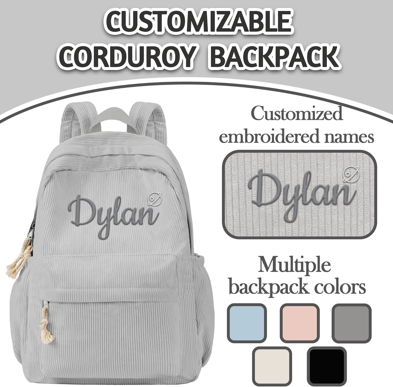 MATONGO Personalized Corduroy Backpack for Women with Embroidery Name, Custom Casual Backpack for School Travel Work, ​Laptop Backpack, Back to School Gifts, Grey Schoolbag for Boys Girls Kids