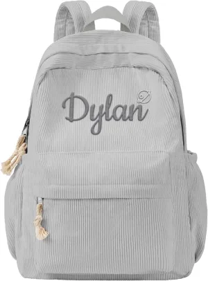 MATONGO Personalized Corduroy Backpack for Women with Embroidery Name, Custom Casual Backpack for School Travel Work, ​Laptop Backpack, Back to School Gifts, Grey Schoolbag for Boys Girls Kids