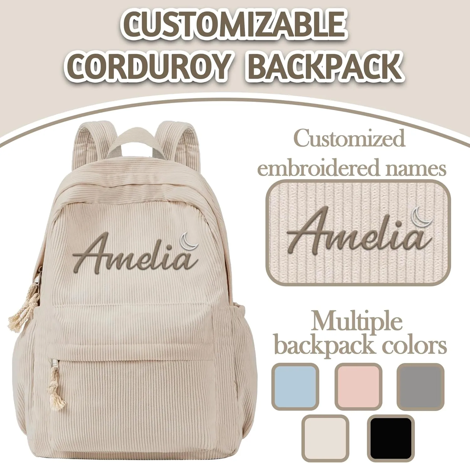 MATONGO Personalized Corduroy Backpack for Women with Embroidery Name, Custom Casual Backpack for School Travel Work, ​Laptop Backpack, Back to School Gifts, Khaki Schoolbag for Boys Girls Kids