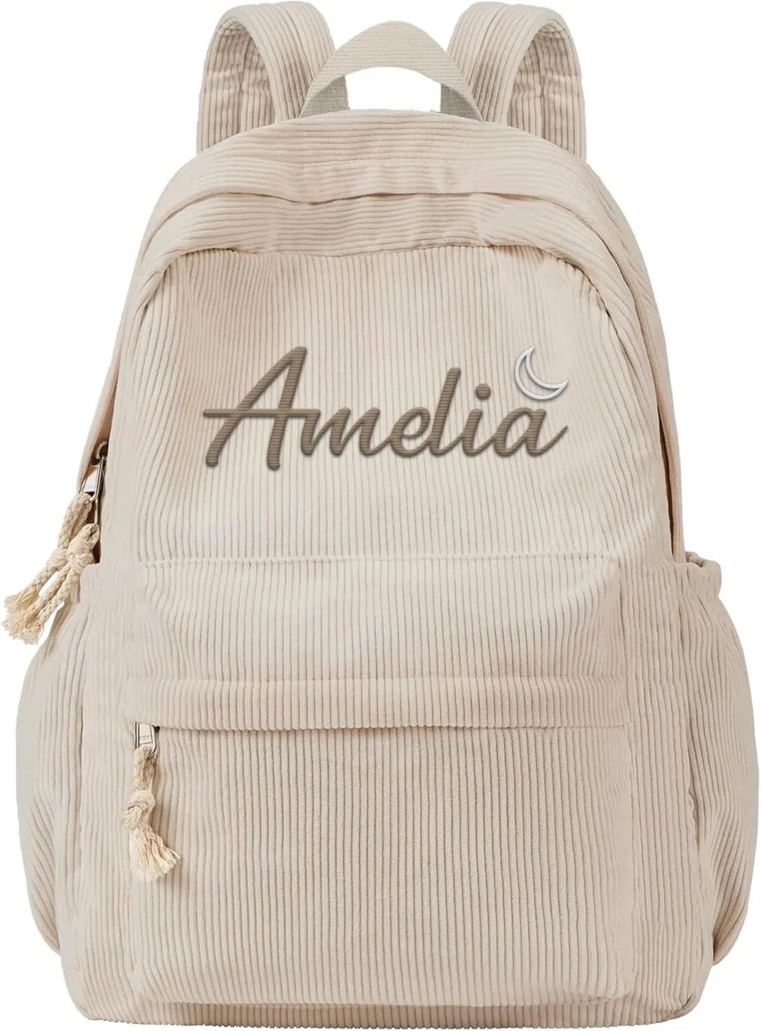 MATONGO Personalized Corduroy Backpack for Women with Embroidery Name, Custom Casual Backpack for School Travel Work, ​Laptop Backpack, Back to School Gifts, Khaki Schoolbag for Boys Girls Kids