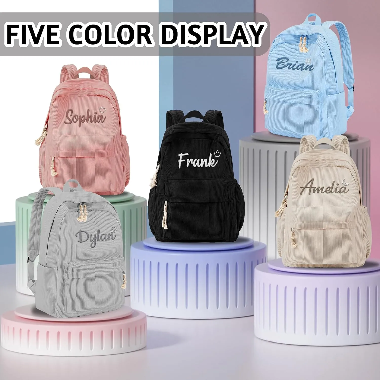 MATONGO Personalized Corduroy Backpack for Women with Embroidery Name, Custom Casual Backpack for School Travel Work, ​Laptop Backpack, Back to School Gifts, Khaki Schoolbag for Boys Girls Kids