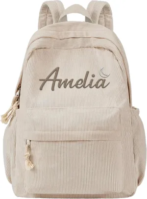MATONGO Personalized Corduroy Backpack for Women with Embroidery Name, Custom Casual Backpack for School Travel Work, ​Laptop Backpack, Back to School Gifts, Khaki Schoolbag for Boys Girls Kids