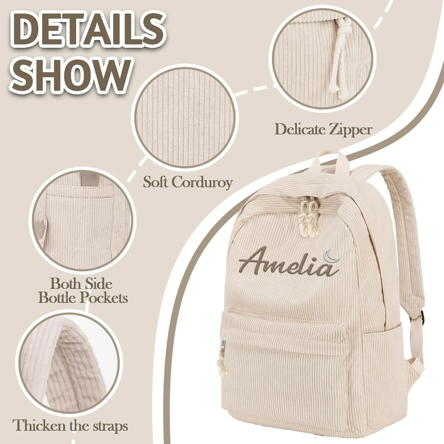 MATONGO Personalized Corduroy Backpack for Women with Embroidery Name, Custom Casual Backpack for School Travel Work, ​Laptop Backpack, Back to School Gifts, Khaki Schoolbag for Boys Girls Kids