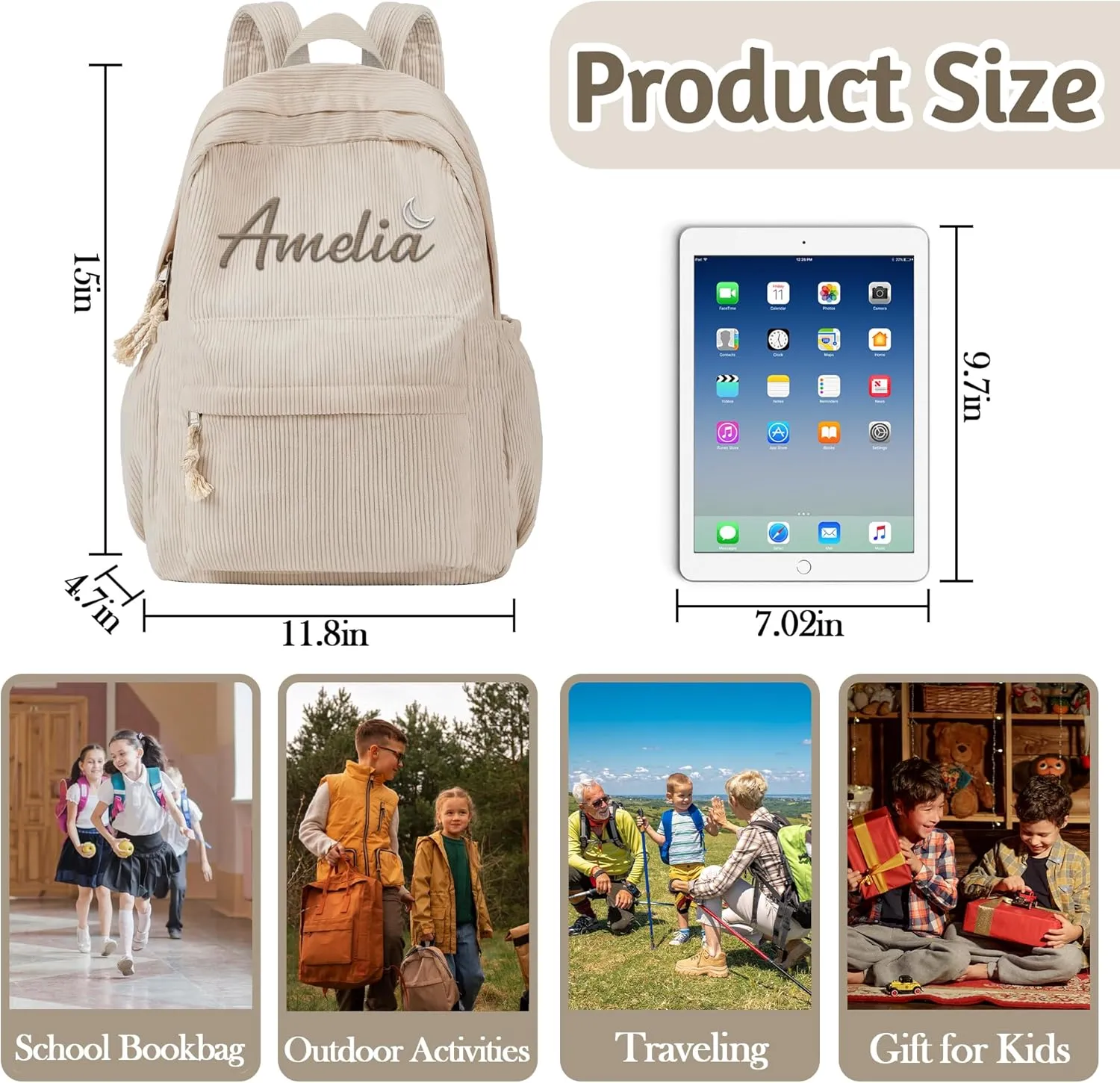 MATONGO Personalized Corduroy Backpack for Women with Embroidery Name, Custom Casual Backpack for School Travel Work, ​Laptop Backpack, Back to School Gifts, Khaki Schoolbag for Boys Girls Kids