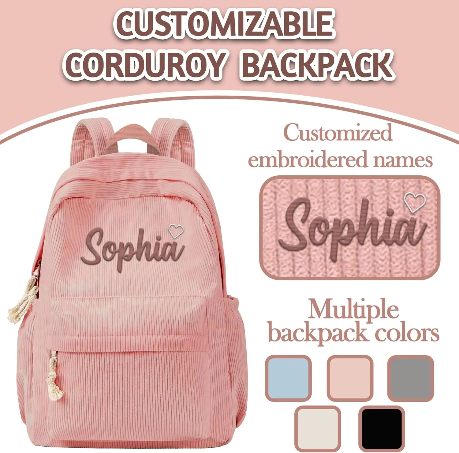 MATONGO Personalized Corduroy Backpack for Women with Embroidery Name, Custom Casual Backpack for School Travel Work, ​Laptop Backpack, Back to School Gifts, Pink Schoolbag for Boys Girls Kids