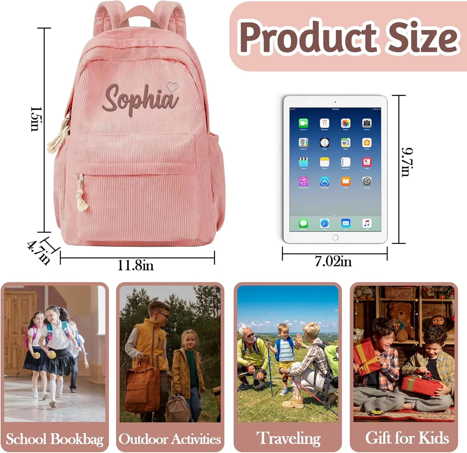 MATONGO Personalized Corduroy Backpack for Women with Embroidery Name, Custom Casual Backpack for School Travel Work, ​Laptop Backpack, Back to School Gifts, Pink Schoolbag for Boys Girls Kids