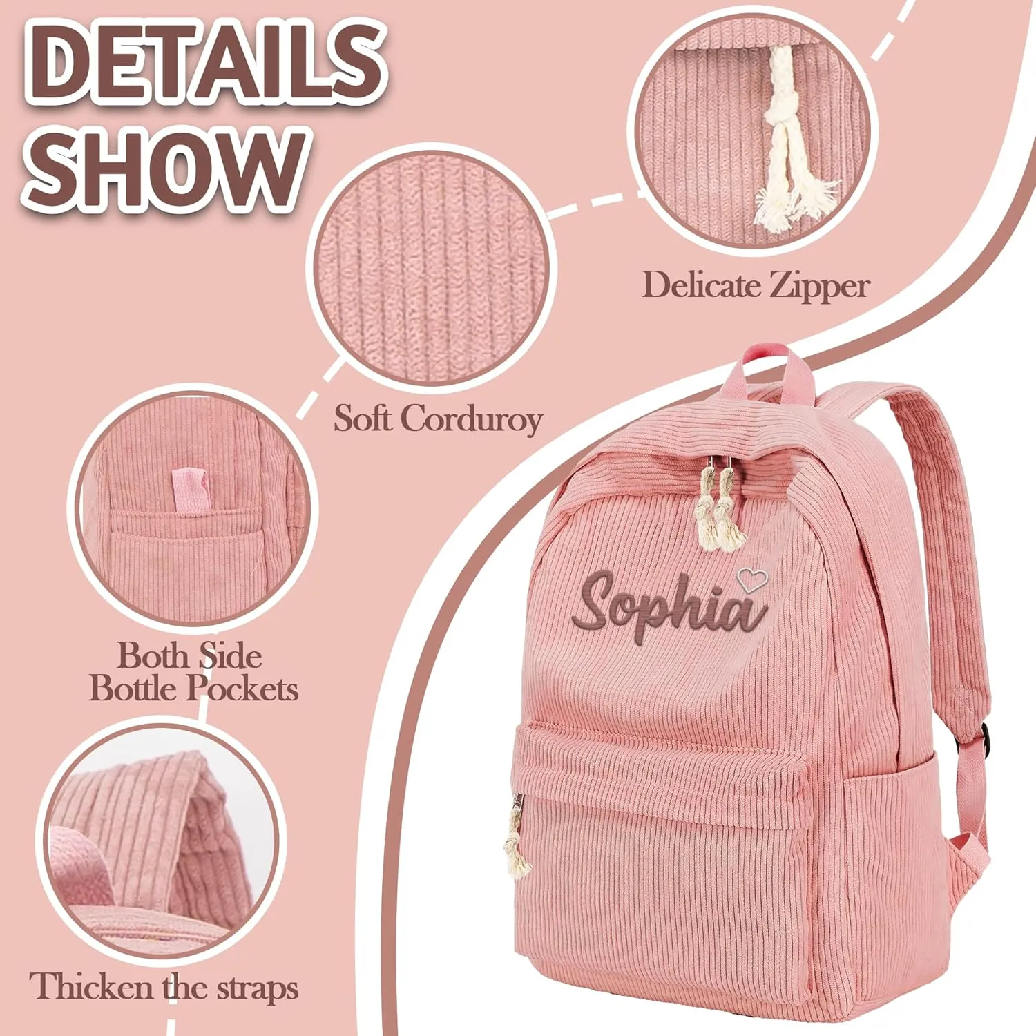 MATONGO Personalized Corduroy Backpack for Women with Embroidery Name, Custom Casual Backpack for School Travel Work, ​Laptop Backpack, Back to School Gifts, Pink Schoolbag for Boys Girls Kids