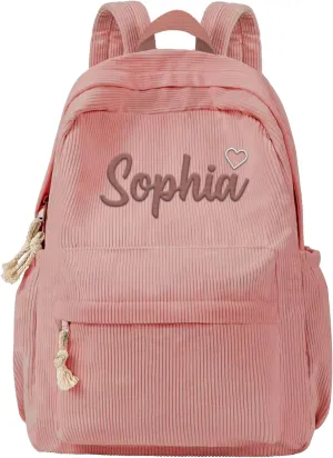 MATONGO Personalized Corduroy Backpack for Women with Embroidery Name, Custom Casual Backpack for School Travel Work, ​Laptop Backpack, Back to School Gifts, Pink Schoolbag for Boys Girls Kids