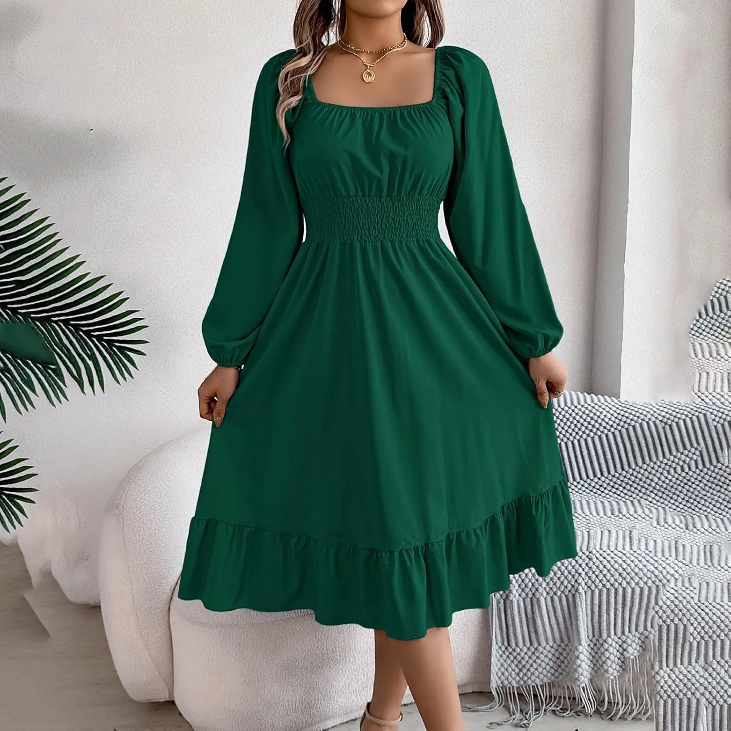 Maxi Dresses for Women Summer Elegant Square Neck Long Sleeve Beach Dress Flowy Pleated A Line Ruched Vacation Dress
