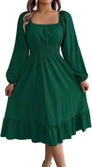 Maxi Dresses for Women Summer Elegant Square Neck Long Sleeve Beach Dress Flowy Pleated A Line Ruched Vacation Dress