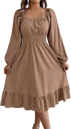 Maxi Dresses for Women Summer Elegant Square Neck Long Sleeve Beach Dress Flowy Pleated A Line Ruched Vacation Dress