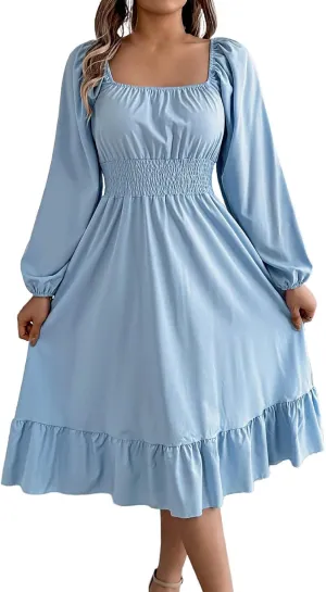 Maxi Dresses for Women Summer Elegant Square Neck Long Sleeve Beach Dress Flowy Pleated A Line Ruched Vacation Dress