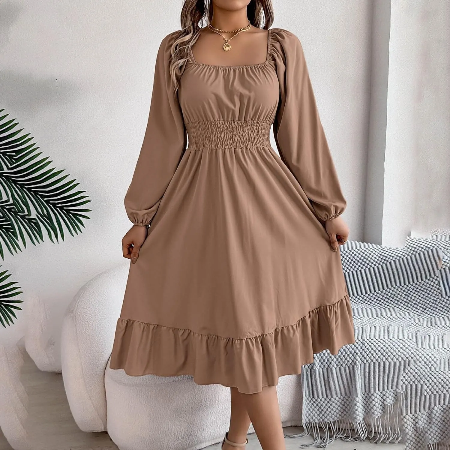 Maxi Dresses for Women Summer Elegant Square Neck Long Sleeve Beach Dress Flowy Pleated A Line Ruched Vacation Dress