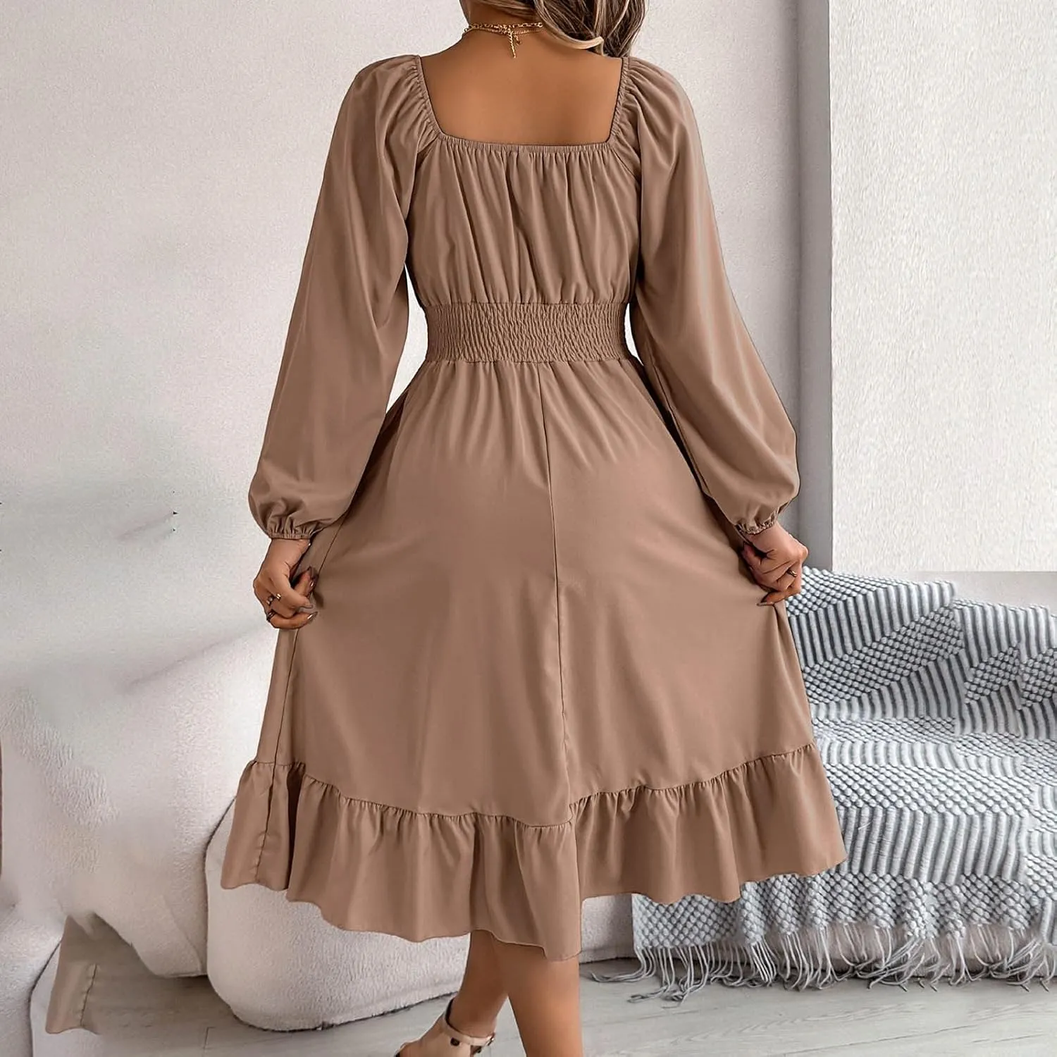 Maxi Dresses for Women Summer Elegant Square Neck Long Sleeve Beach Dress Flowy Pleated A Line Ruched Vacation Dress