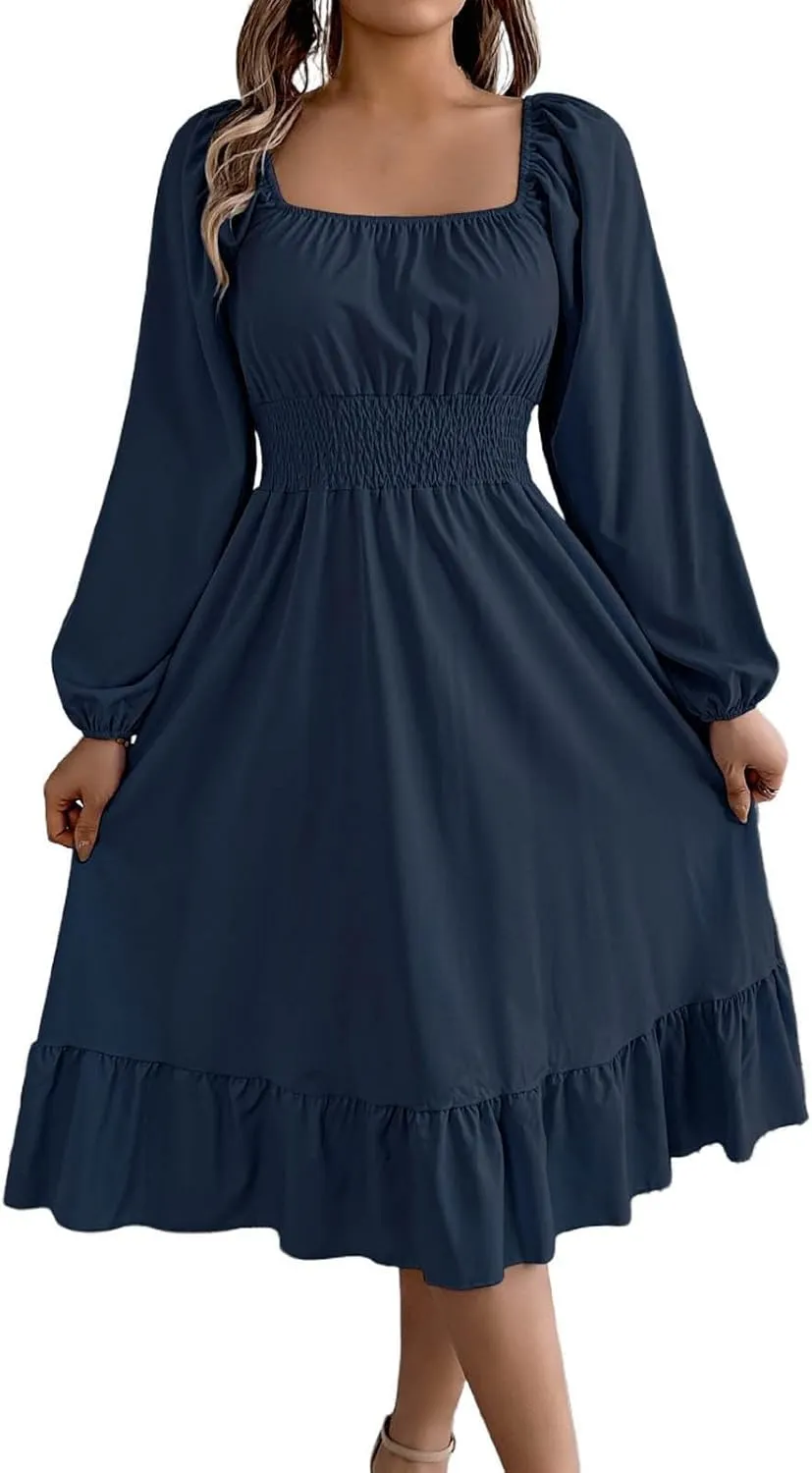 Maxi Dresses for Women Summer Elegant Square Neck Long Sleeve Beach Dress Flowy Pleated A Line Ruched Vacation Dress