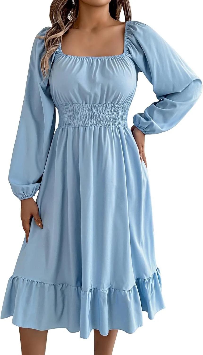 Maxi Dresses for Women Summer Elegant Square Neck Long Sleeve Beach Dress Flowy Pleated A Line Ruched Vacation Dress