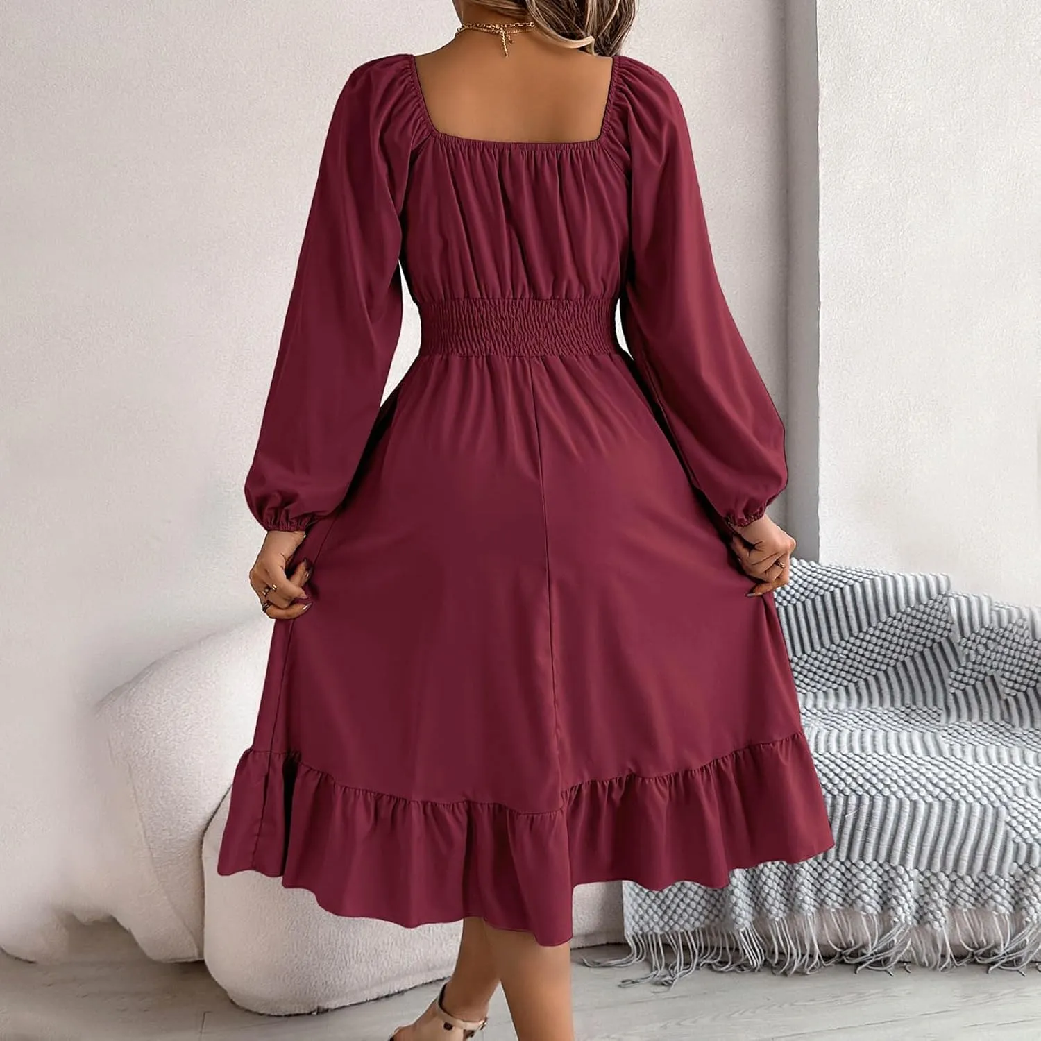 Maxi Dresses for Women Summer Elegant Square Neck Long Sleeve Beach Dress Flowy Pleated A Line Ruched Vacation Dress