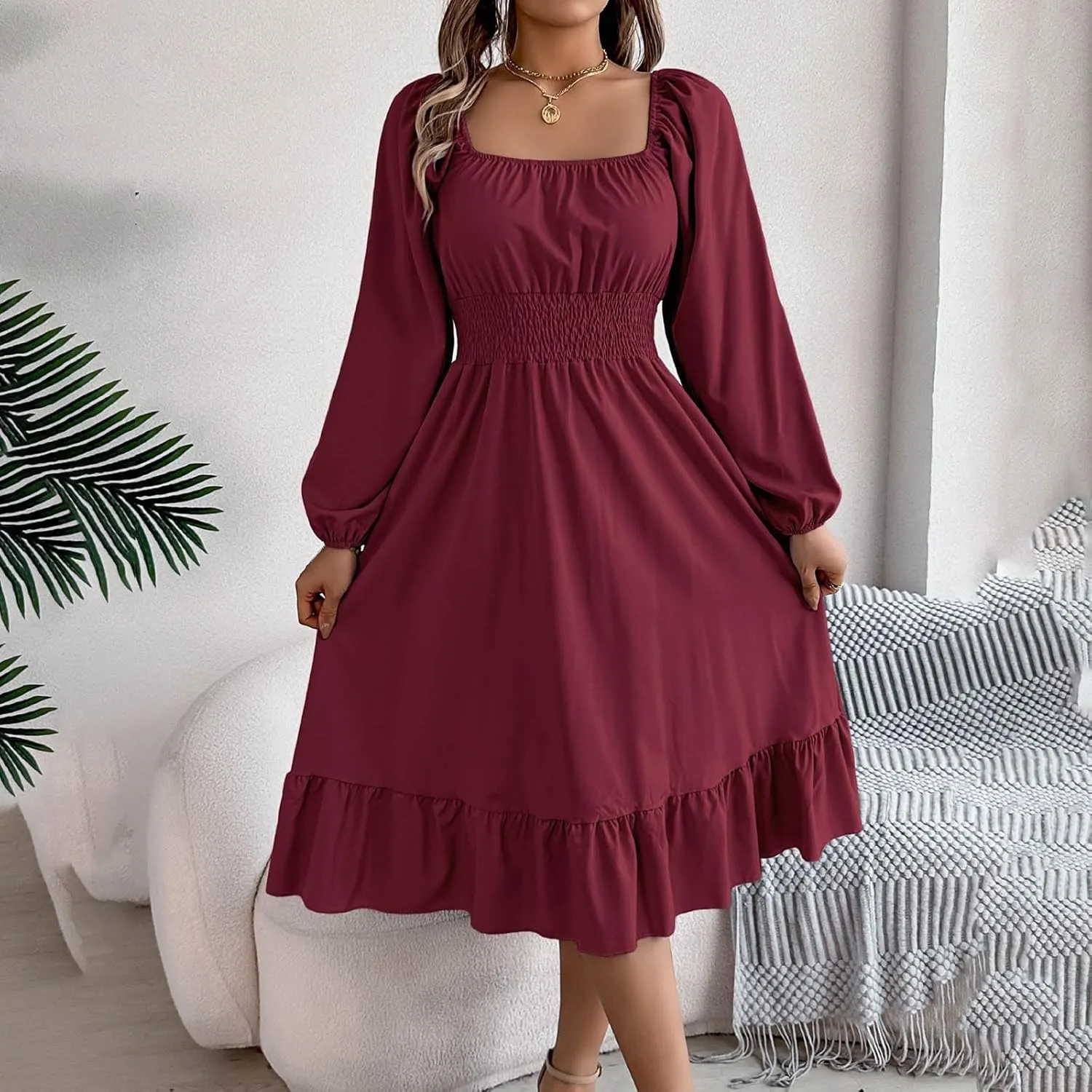 Maxi Dresses for Women Summer Elegant Square Neck Long Sleeve Beach Dress Flowy Pleated A Line Ruched Vacation Dress