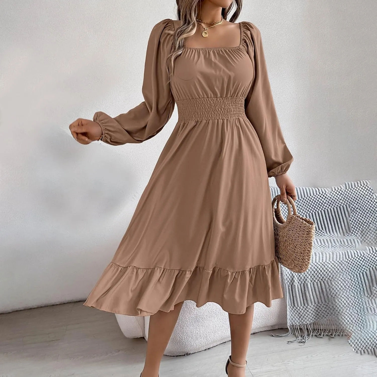 Maxi Dresses for Women Summer Elegant Square Neck Long Sleeve Beach Dress Flowy Pleated A Line Ruched Vacation Dress
